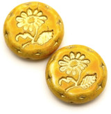 2pc 18mm Czech Pressed Glass Flower Coin Beads, Alabaster & Marbled Marigold w/Gold Wash