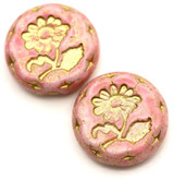 2pc 18mm Czech Pressed Glass Flower Coin Beads, Alabaster & Marbled Rose w/Gold Wash