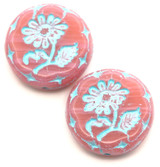 2pc 18mm Czech Pressed Glass Flower Coin Beads, Striated Pink Opal w/Aqua Wash