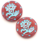 2pc 18mm Czech Pressed Glass Flower Coin Beads, Pink Opal w/Aqua Wash