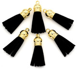 6pc 38x10mm Faux Suede Tassel Pendants, Gold/Black