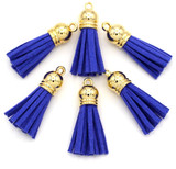 6pc 38x10mm Suede Tassel Pendants, Gold/Sapphire