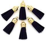 6pc 38x10mm Suede Tassel Pendants, Gold/Navy