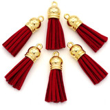 6pc 38x10mm Suede Tassel Pendants, Gold/Cherry Red