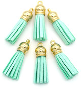 6pc 38x10mm Suede Tassel Pendants, Gold/Mint Green