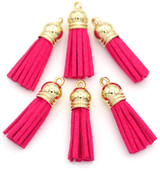 6pc 38x10mm Suede Tassel Pendants, Gold/Hot Pink