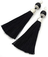2pc Approx. 113x15mm Acrylic & Polyester Tassel Pendants w/Lobster Claw, Silver/Black