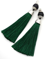2pc Approx. 113x15mm Acrylic & Polyester Tassel Pendants w/Lobster Claw, Silver/Forrest Green/Black