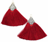 2pc 56x52mm Polyester Fan-Shaped Tassel Pendants w/Cap, Antique Silver & Red
