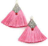 2pc 56x52mm Polyester Fan-Shaped Tassel Pendants w/Cap, Antique Silver & Pink