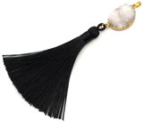 Approx. 118x20mm Druzy Quartz Oval Link & Nylon Tassel Pendant, Gold/White/Black