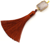 Approx. 122x19mm Druzy Quartz Square Link & Nylon Tassel Pendant, Gold/White/Sienna
