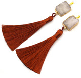 Approx. 122x19mm Druzy Quartz Square Link & Nylon Tassel Pendant, Gold/White/Sienna
