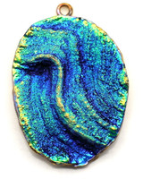 Approx.40x27mm Resin & Brass Wavy Oval Pendant, Gold & Blue