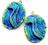 Approx.40x27mm Resin & Brass Wavy Oval Pendant, Gold & Blue