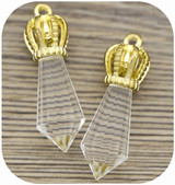 2pc Approx. 31x11mm Crown & Cut Glass Crystal Faceted Point Pendants, Crystal/Gold