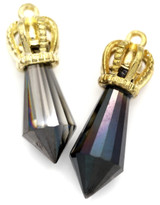 2pc Approx. 31x11mm Crown & Cut Glass Crystal Faceted Point Pendants, Crystal Shadow/Gold
