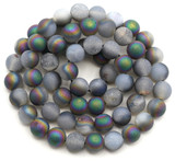 Approx. 15" Strand 6mm Druzy Agate (Coated) Beads,  Matte Gray/Rainbow Iris