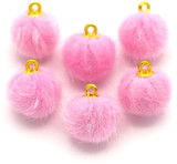6pc 17x15mm Plush Round Pom Pom Pendants, Pink & Gold
