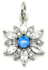 19x15mm Brass & Cubic Zirconia Flower Pendant w/Opal, Silver