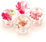 4pc 16mm Resin Round Beads w/Dried Flower, Clear/Pink/Gold