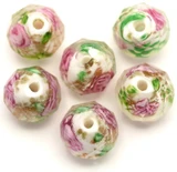6pc 10x8mm Lampwork Glass Faceted Rondelle Beads, Pink Rosette