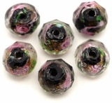 6pc 10x8mm Lampwork Glass Faceted Rondelle Beads, Black w/Pink Rosette