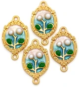 4pc 26x15mm Enameled Floral Oval Links w/Faux Pearl Accents, Gold/Blue