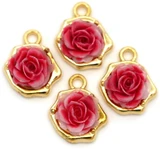 4pc 14.5x12mm Alloy & Resin Rose Baroque Charms, Gold w/Red & White