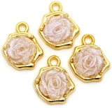 4pc 14.5x12mm Alloy & Resin Rose Baroque Charms, Gold & Clear w/Shimmer
