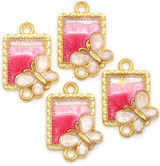 4pc 22x15mm Enameled Rectangle Links w/White Butterfly, Gold/Pink