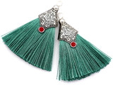 2pc Approx. 45mm Polyester Fan-Shaped Tassel Pendants w/Cap, Antique Silver & Green