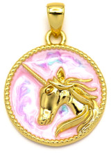 19x16mm 18k Gold-Plated Brass Enameled Unicorn Pendant, Gold & Pink Shimmer Swirl
