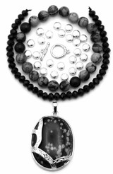 Snowflake Obsidian Mini Bundle: 33x42mm Oval Pendant, 8mm Round Beads & More