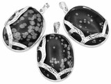 Snowflake Obsidian Mini Bundle: 33x42mm Oval Pendant, 8mm Round Beads & More