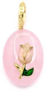 27x13mm Brass & Rose Quartz Oval Enameled Tulip Pendant, Gold
