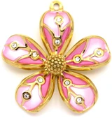 32x30mm 18k Gold-Plated Stainless Steel & Enameled Flower Pendant w/Rhinestones, Pink