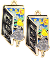 2pc 33x16mm Enameled Alice Entering "WE'RE ALL MAD HERE" Book w/ "Starry Night" Painting Pendants, Gold