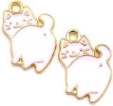 2pc 20x15mm Enameled Cat Charms, White & Gold