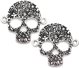 2pc 33x30.5mm Leaf & Moss Patterned Skull Links, Antique Silver