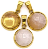 1pc 15x12mm Stainless Steel & Rose Quartz Round Pendant, Gold