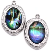 2pc 23x16mm Stainless Steel & Abalone (Assembled) Shell Baroque Oval Pendants