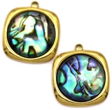 2pc 22x19mm Stainless Steel & Abalone (Assembled) Shell Square Pendants, Gold