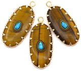 36x16mm Brass & Tigereye Flat Oval Pendant w/Teardrop Faux Turquoise Accent, Gold (See Photos for Variation)