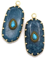 36x16mm Brass & Blue Quartz (Dyed) Flat Oval Pendant w/Teardrop Faux Turquoise Accent, Gold (See Photos for Variation)