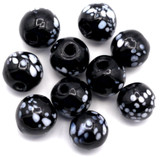 10pc Approx. 8mm Lampwork Glass Semi-Round Beads, Black w/White Speckles