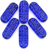 6pc 25x10mm Glass Egyptian Cartouche Beads, Blue w/Gold