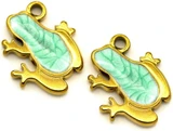 2pc 13x11mm Stainless Steel Enameled Frog Charms, Gold w/Light Green