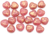 20pc 8mm Czech Pressed Glass Heart Beads, Pink Opal/Gold Splash