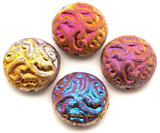 4pc 14mm Czech Pressed Glass Filigree Puffed Coin Round Beads, Etched Jet w/Full Sliperit